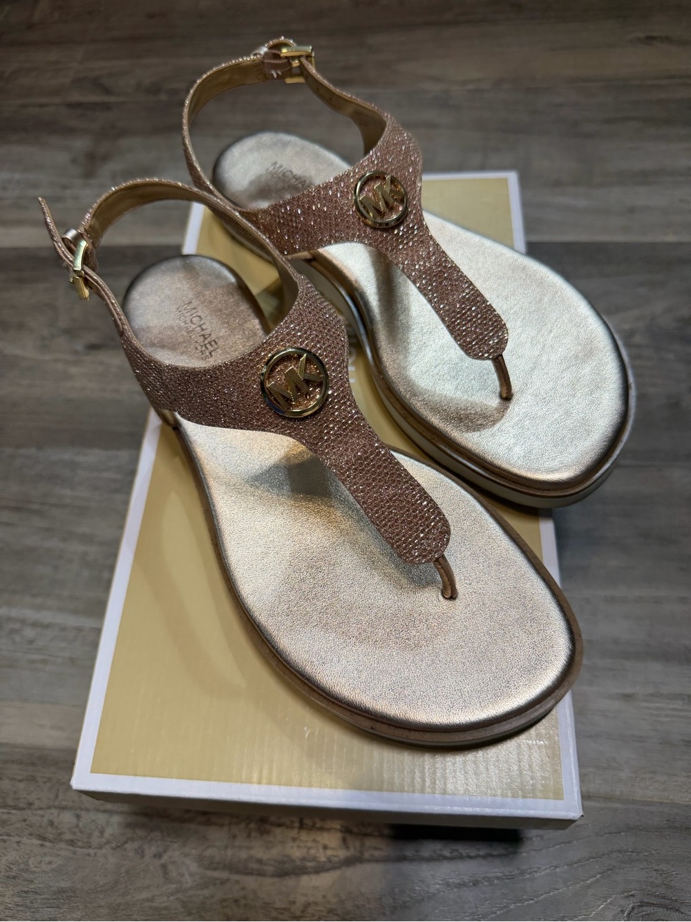 Michael Kors Metallic Rose Gold T-Strap Sandals